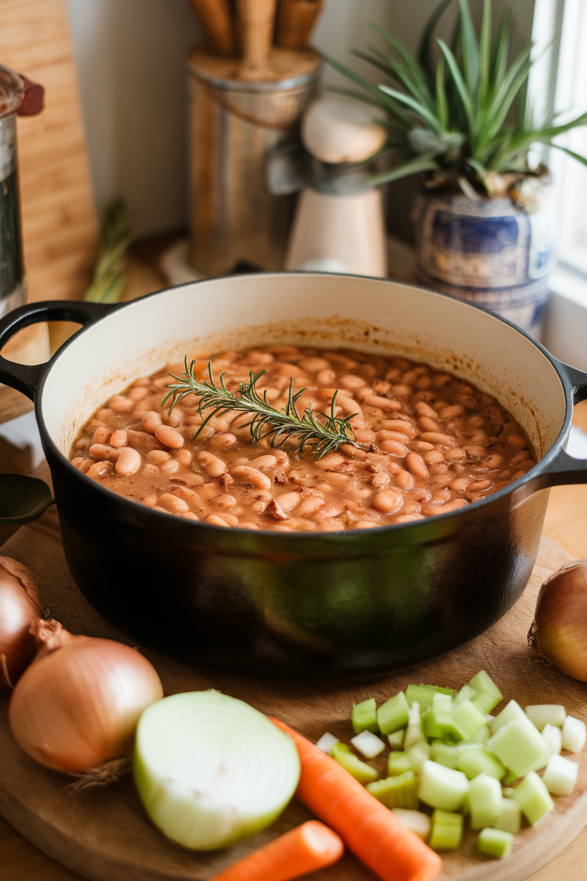 Cozy indoor photo of a Dutch oven filled with thick white bean stew garnished with a sprig of rosemary, no text or logos