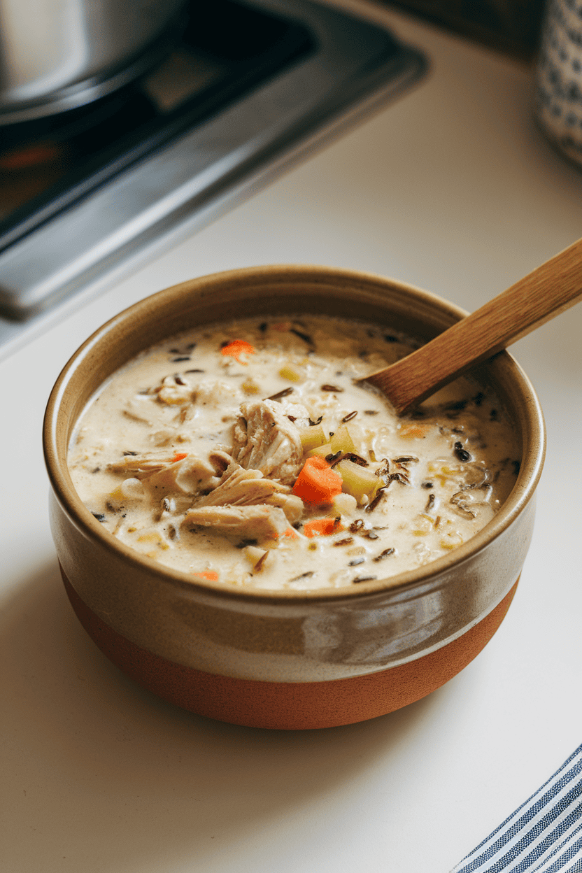 Photo of a ceramic bowl filled with creamy chicken and wild rice soup, carrots and celery visible, with a spoon resting inside; indoor countertop; no text or logos.