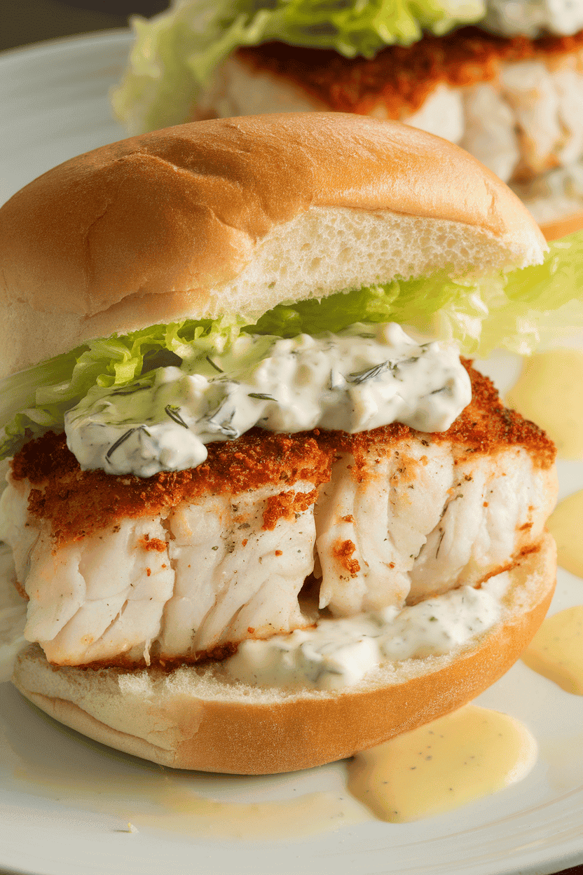 Indoor photo of a cooked Cajun-spiced white fish fillet on a soft bun with lettuce and tartar sauce, no text or logos.