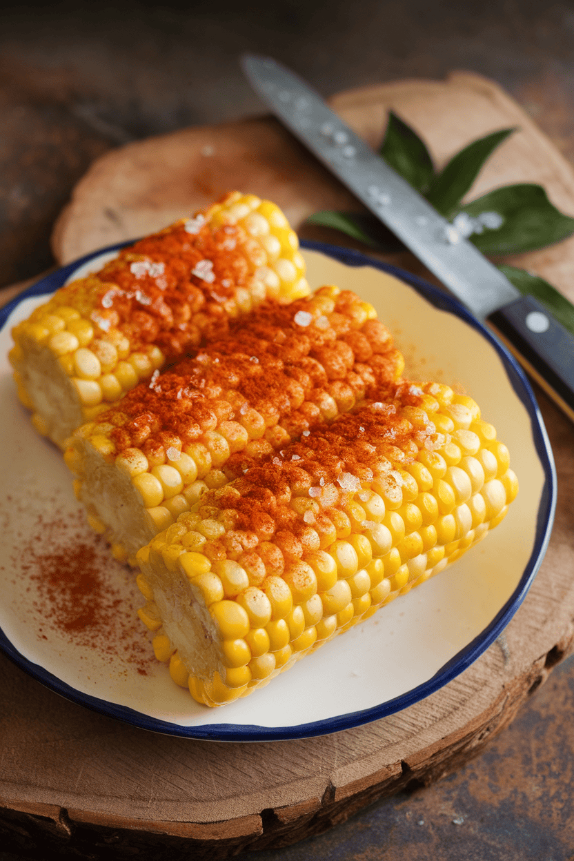 An indoor plate of quartered corn “ribs” showing curled, cooked kernels dusted with smoked paprika and sea salt. No text or branding.
