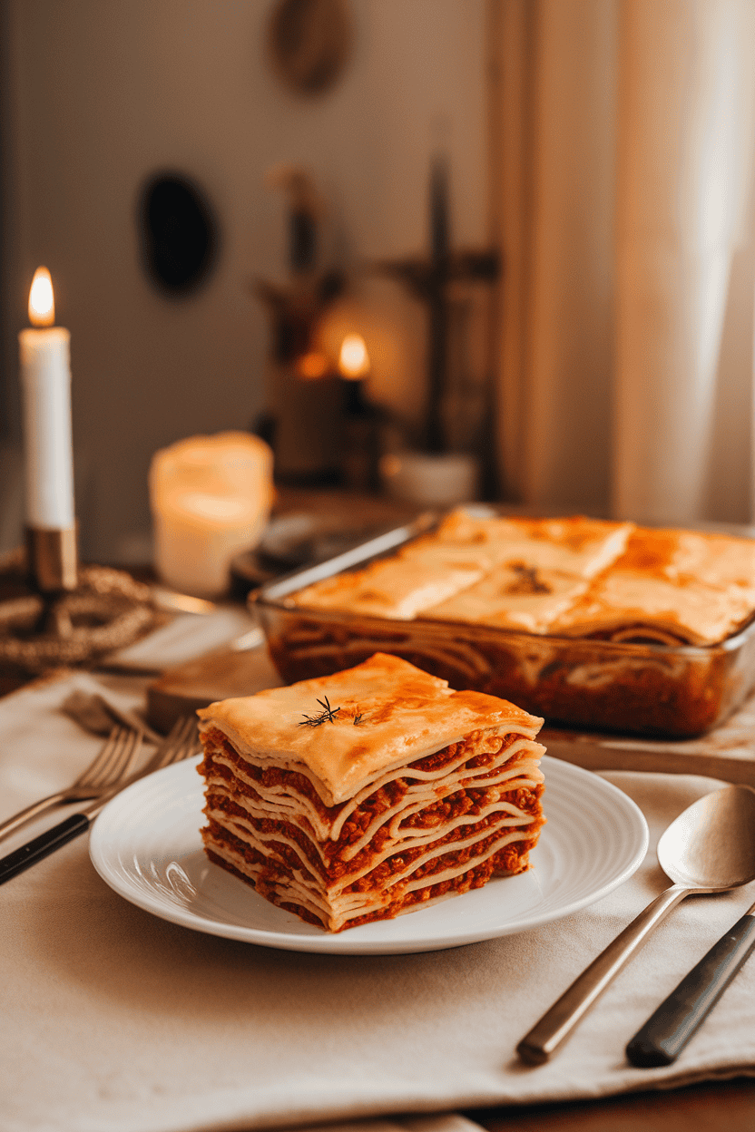 Photo of an indoor dining room table showing a square of baked pastitsio—tubular pasta layered with spiced meat sauce and creamy béchamel—on a white plate. The remaining casserole sits in the background; no text or logos present.