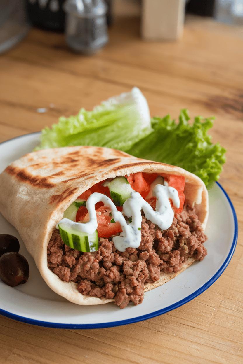 An indoor tabletop with an open pita filled with seasoned ground beef, chopped cucumber, tomato, and a drizzle of tzatziki; photo, no text or logos.
