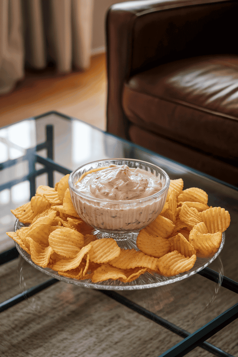 A glass bowl of creamy onion dip on an indoor coffee table surrounded by ripple-cut potato chips; soft living-room lighting, no text or logos. Photo, not illustration.