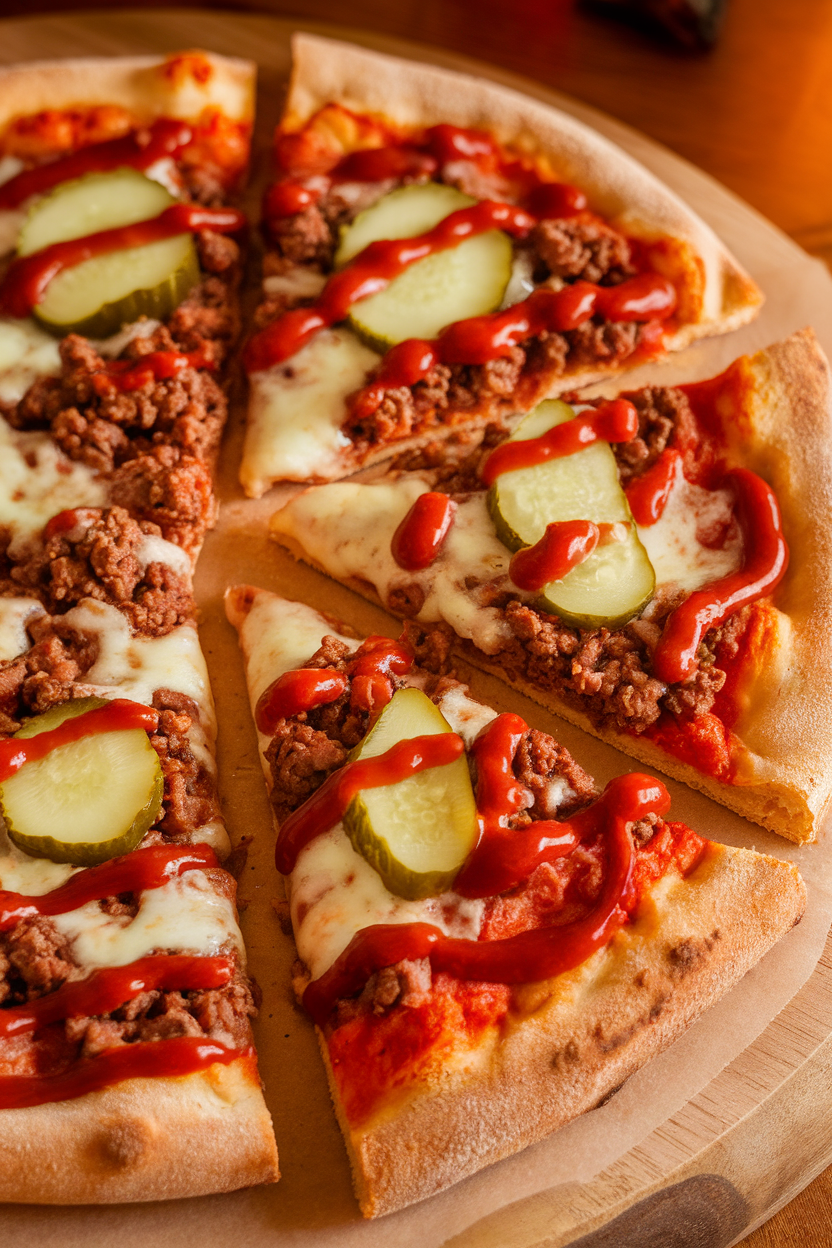 Indoor photo of a finished pizza topped with ground beef, cheese, diced pickles, and a drizzle of ketchup-style sauce, sliced and ready to serve. No text or logos. Photo, not illustration.