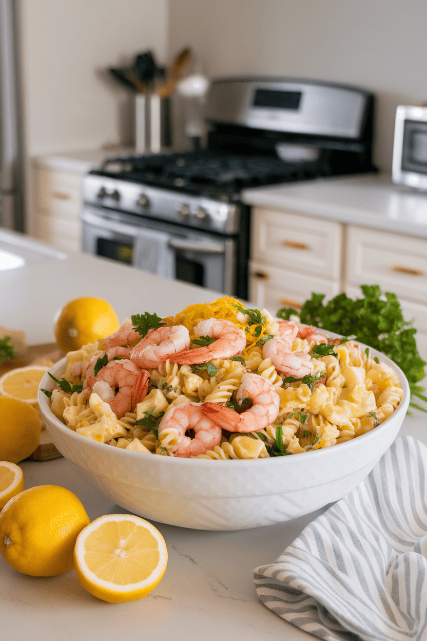 An indoor kitchen island with a large bowl of pasta salad featuring cooked shrimp, lemon zest, parsley, and garlic-butter dressing. No text or logos.