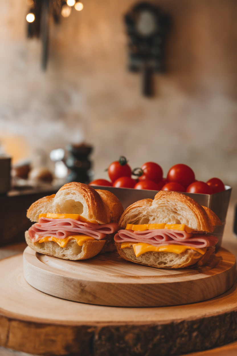 Indoor café-style shot of two mini croissant sandwiches filled with ham and cheddar, set beside a handful of cherry tomatoes in a lunch container. No text or logos.