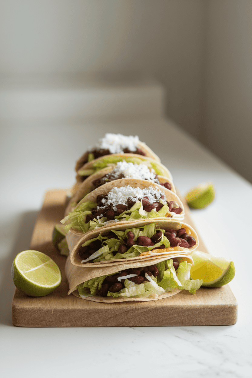 A softly lit indoor countertop with a stack of corn tortillas filled with seasoned black beans, shredded lettuce, and a sprinkle of grated cheese, lime wedges on the side. Photo only; no text or logos present.