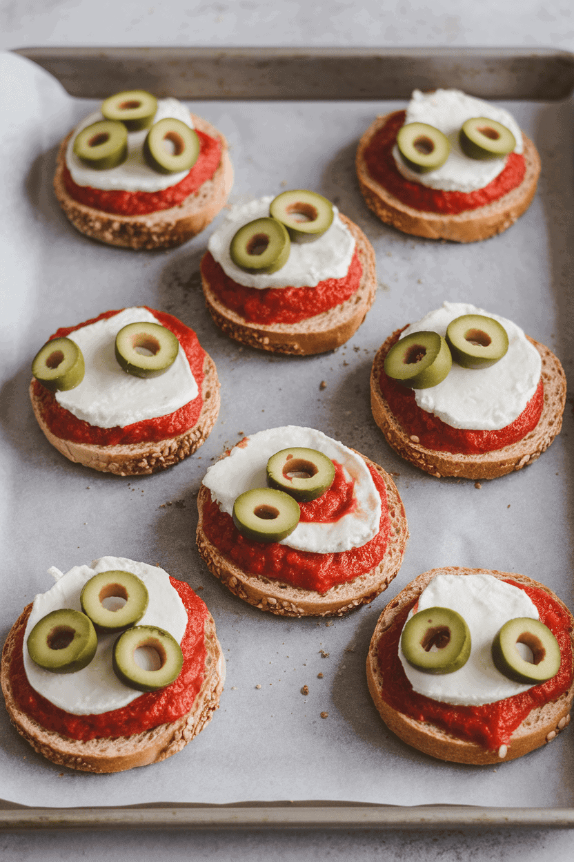An indoor oven tray with mini whole-grain bagel halves topped with marinara, mozzarella, and sliced olives, cheese melted and bubbly. No text or logos anywhere. Photo, not illustration.