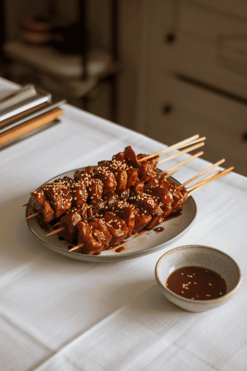 Indoor dining table showcasing gochujang-glazed short rib skewers, sesame seeds sprinkled on top, small bowl of extra glaze nearby. Photo only, no text or logos.