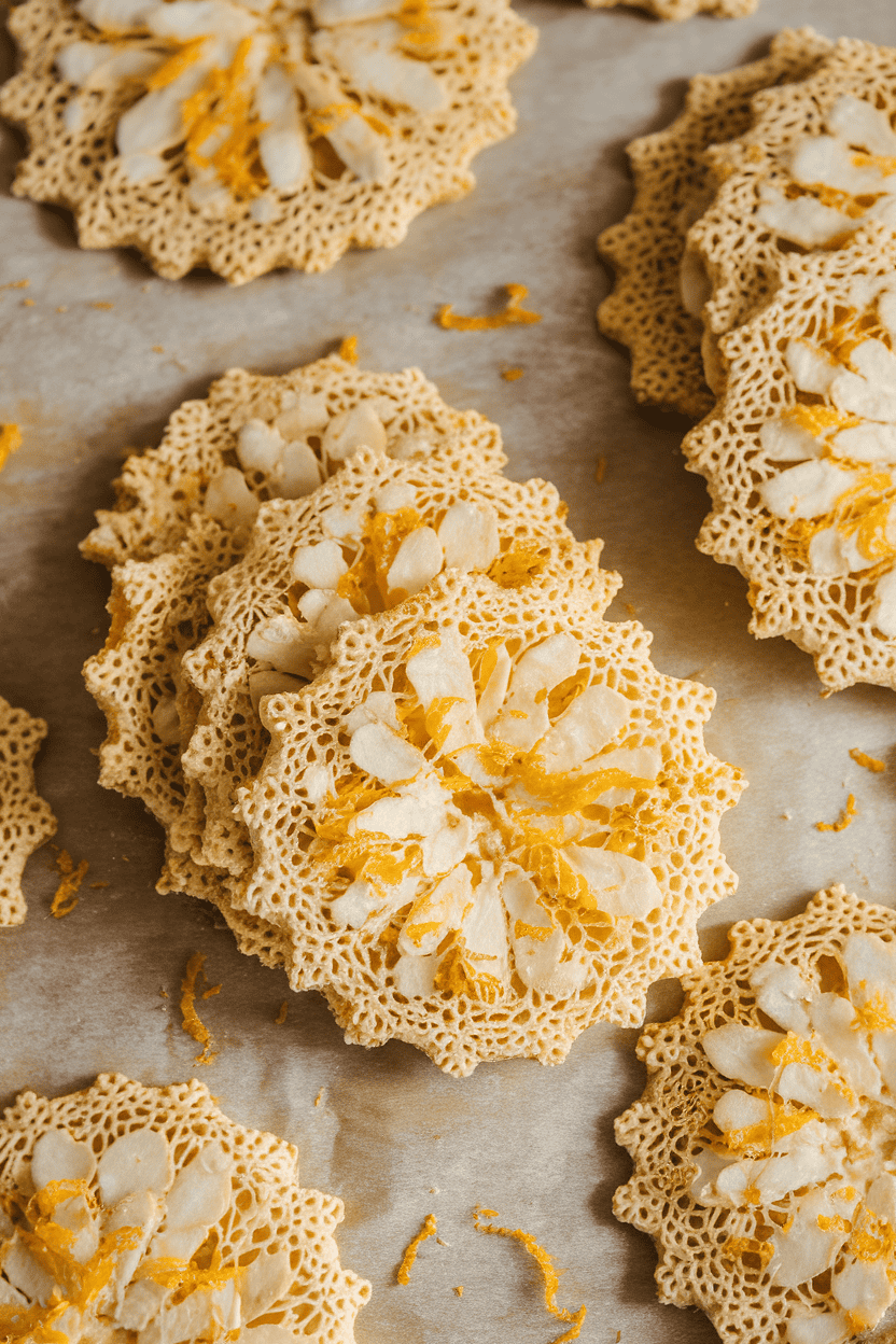 Indoor photo of thin almond lace cookies flecked with citrus zest, some overlapping on parchment, gentle overhead light, no text or logos