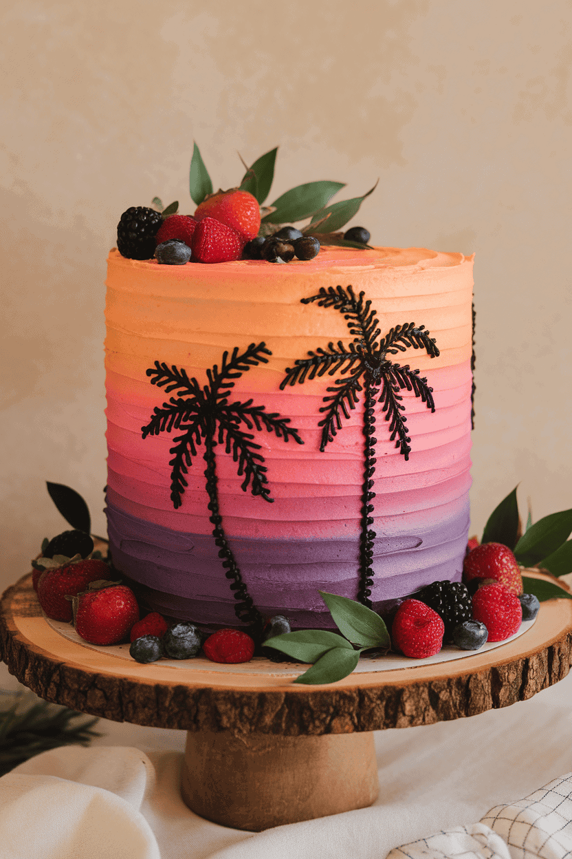 Indoor photo of a sheet cake airbrushed in sunset gradients—orange, pink, and purple—with black palm-tree silhouettes piped in royal icing; no text or logos.
