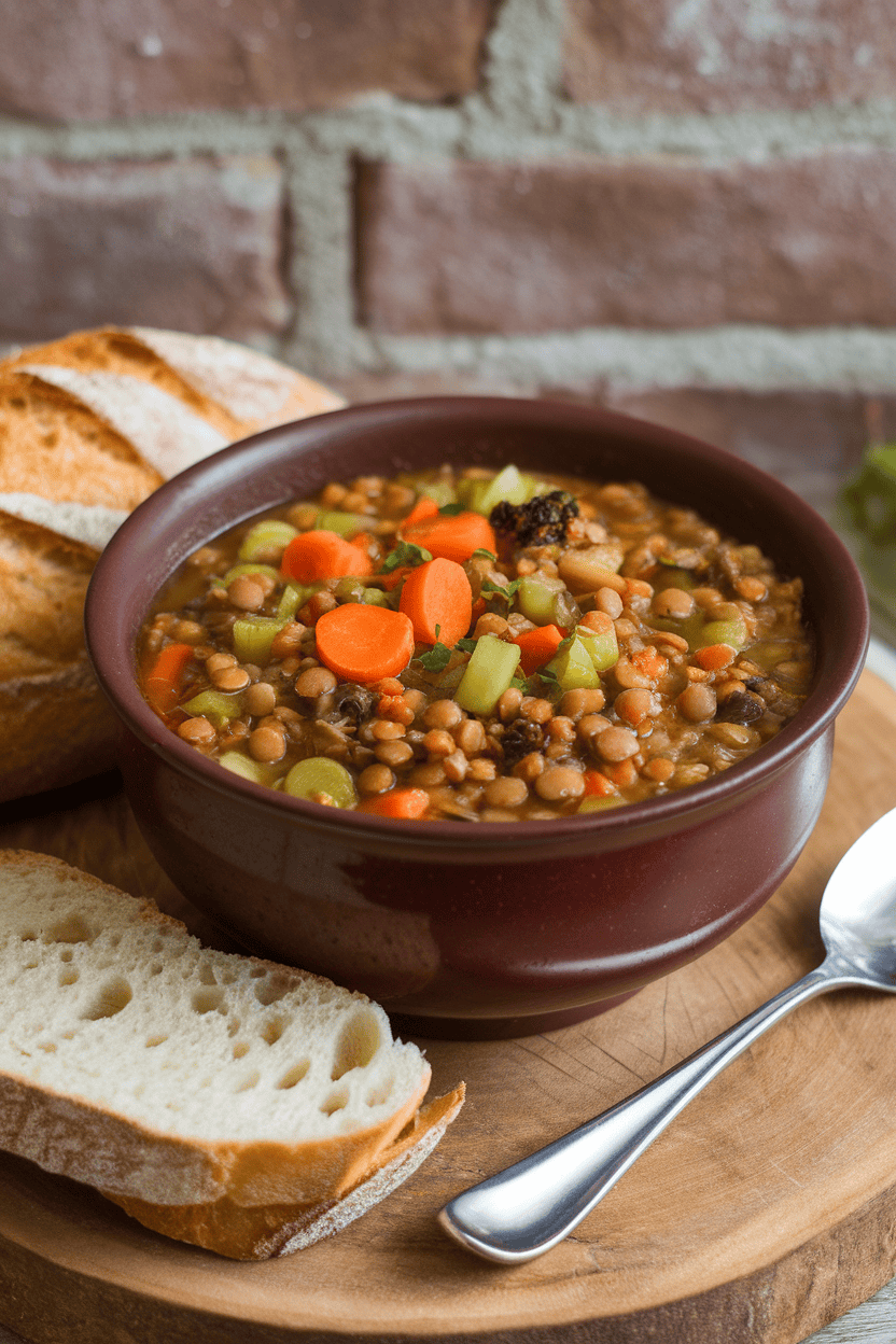 Indoor photo of a deep soup bowl filled with chunky lentil vegetable soup, carrots and celery visible, accompanied by a slice of crusty bread. No logos on dish or linens.
