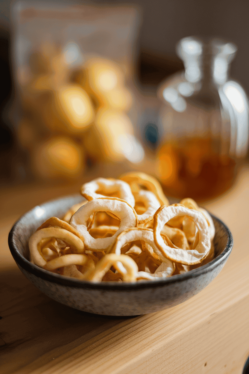 A shallow indoor bowl of golden dried apple rings, photographed overhead under gentle light, no text or logos in view.