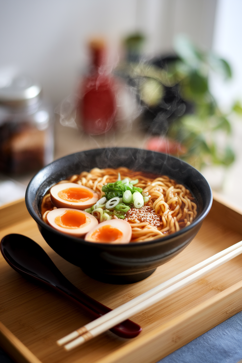 Indoor photo of a steaming bowl of ramen noodles with halved soft-boiled eggs, green onions, and sesame seeds. No logos or text visible.