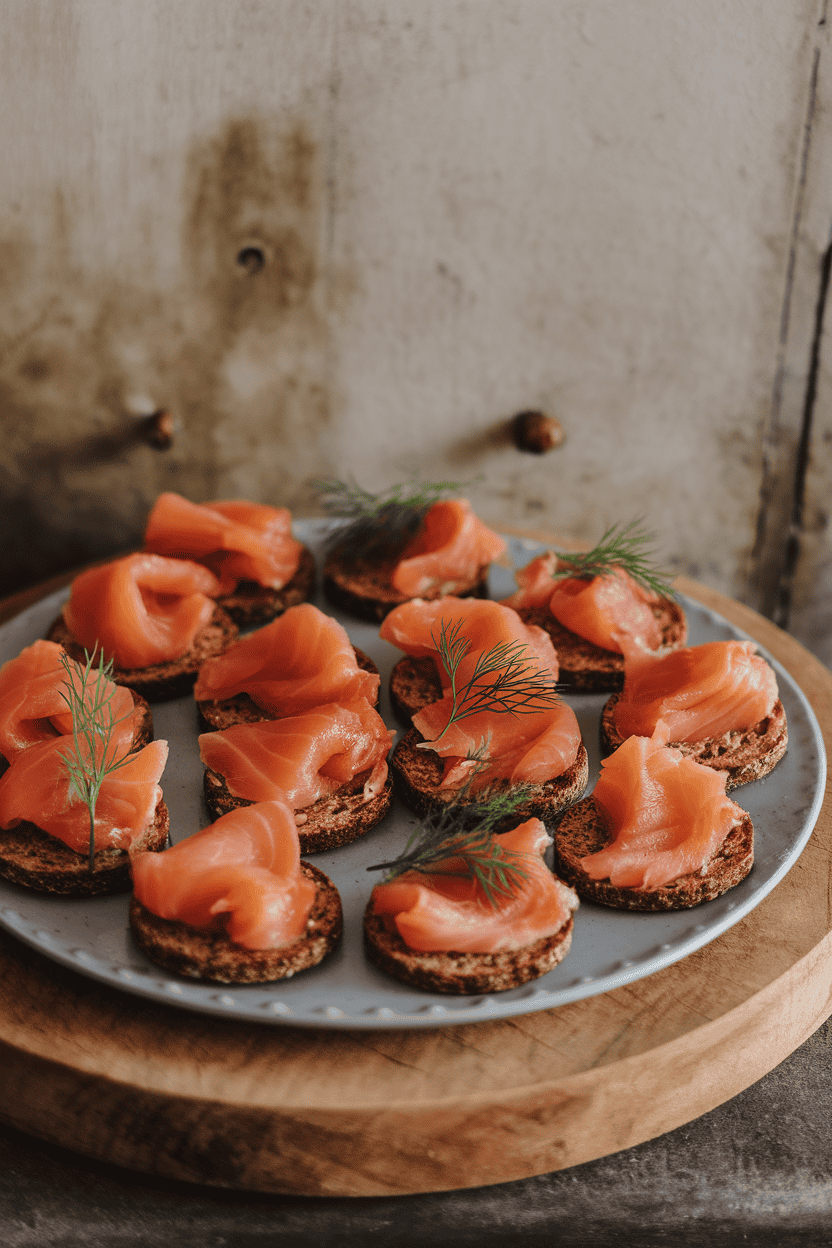 An indoor platter with small rye crackers topped with cooked smoked salmon slices, a sprig of fresh dill on each. No text or logos. Photo only.