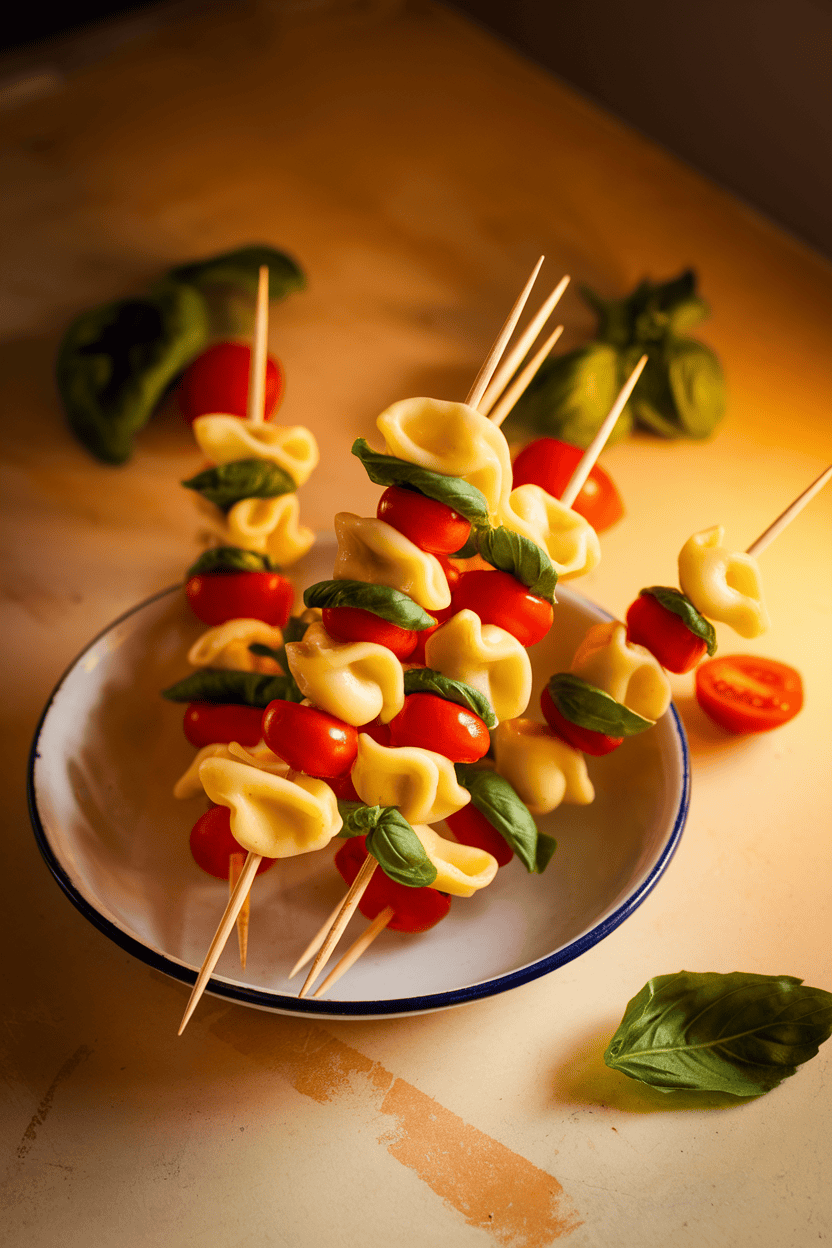 Indoor tabletop image of short skewers threaded with cheese tortellini, cherry tomato halves, and basil leaves. Warm light, logo-free.