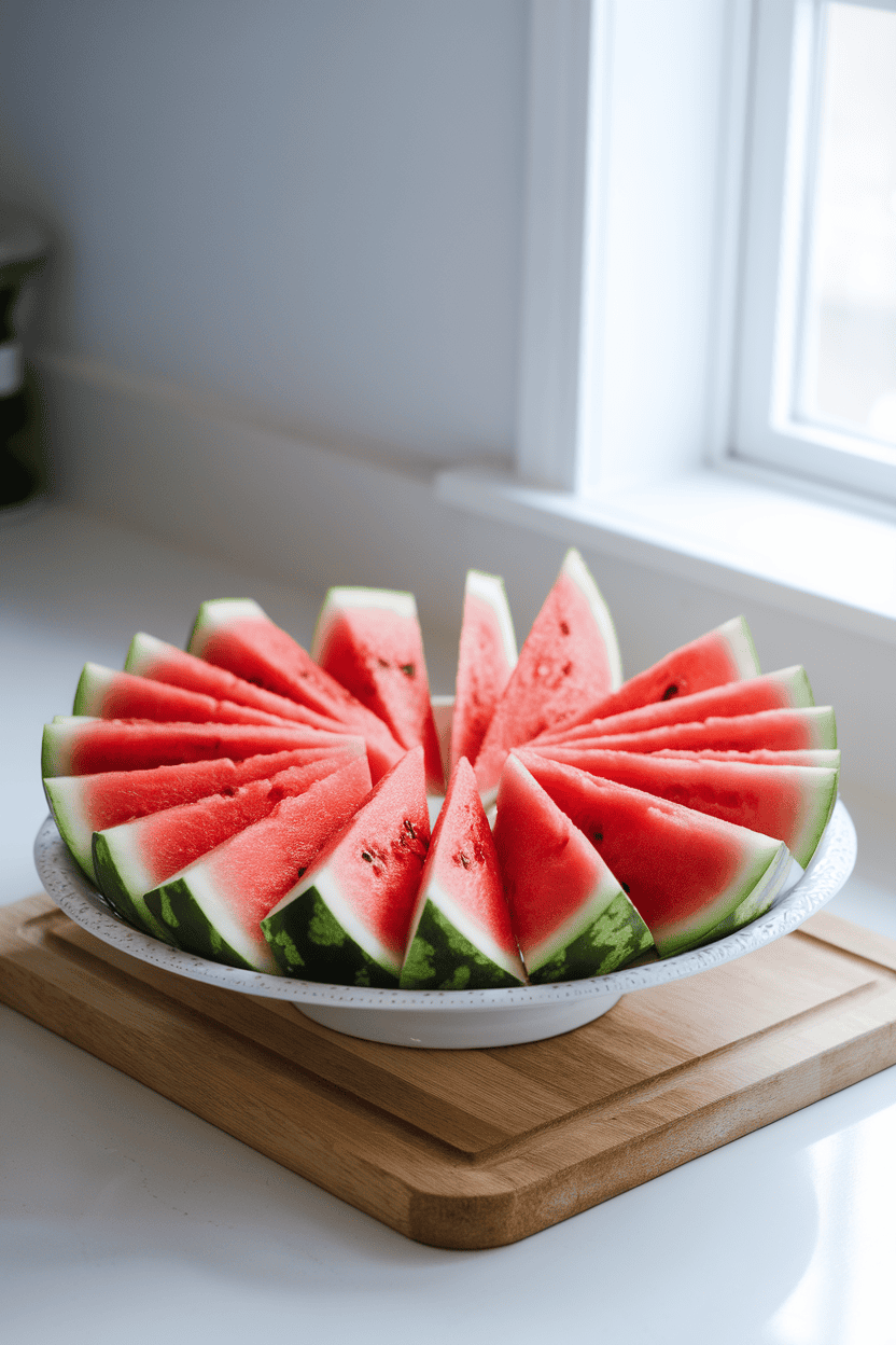 Indoor kitchen counter with a white platter of chilled, triangular watermelon wedges arranged in a fan shape. Soft natural window light, no text or logos, photo only, indoor setting.