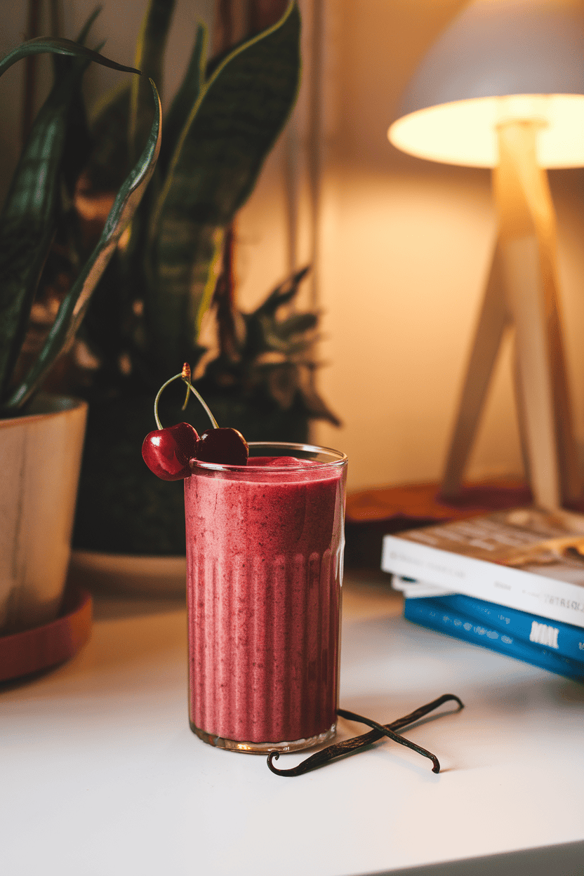 A cozy indoor setting featuring a rich red cherry smoothie in a tall glass with a vanilla bean pod placed alongside. Photo, no text or logos.