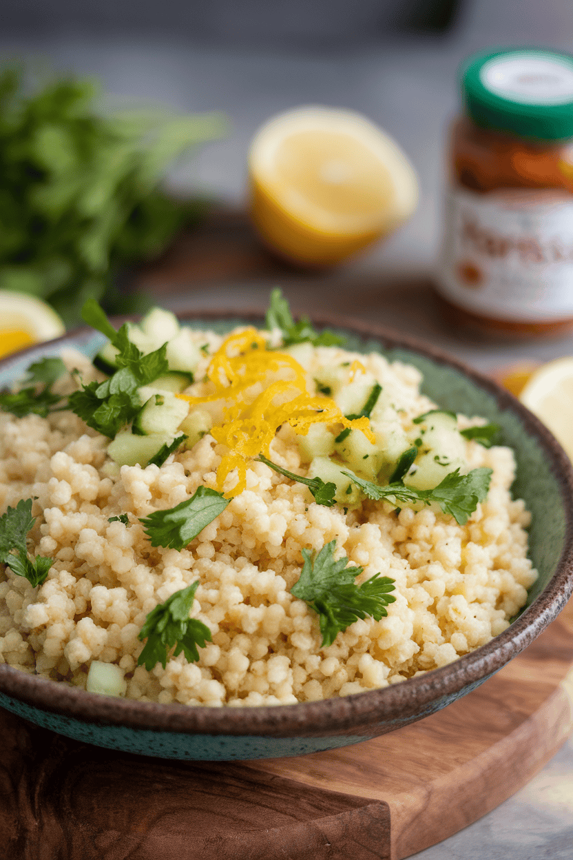 Indoor scene of a shallow bowl filled with fluffy couscous dotted with parsley, mint, and diced cucumber, splashed with lemon zest. Photo only, no text or logos.