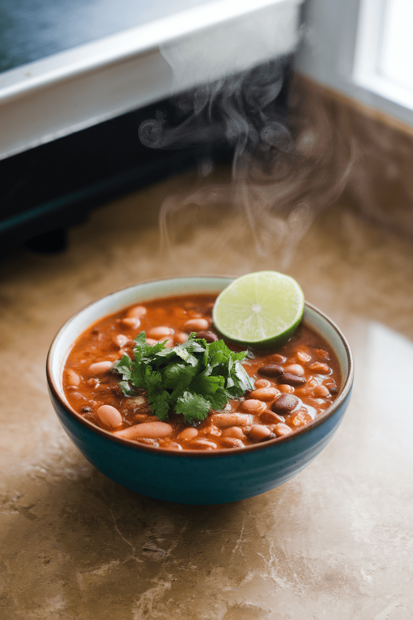 An indoor countertop with a bowl of pinto bean soup garnished with chopped cilantro and a lime wedge, steam visible. Photo only; no text or logos.