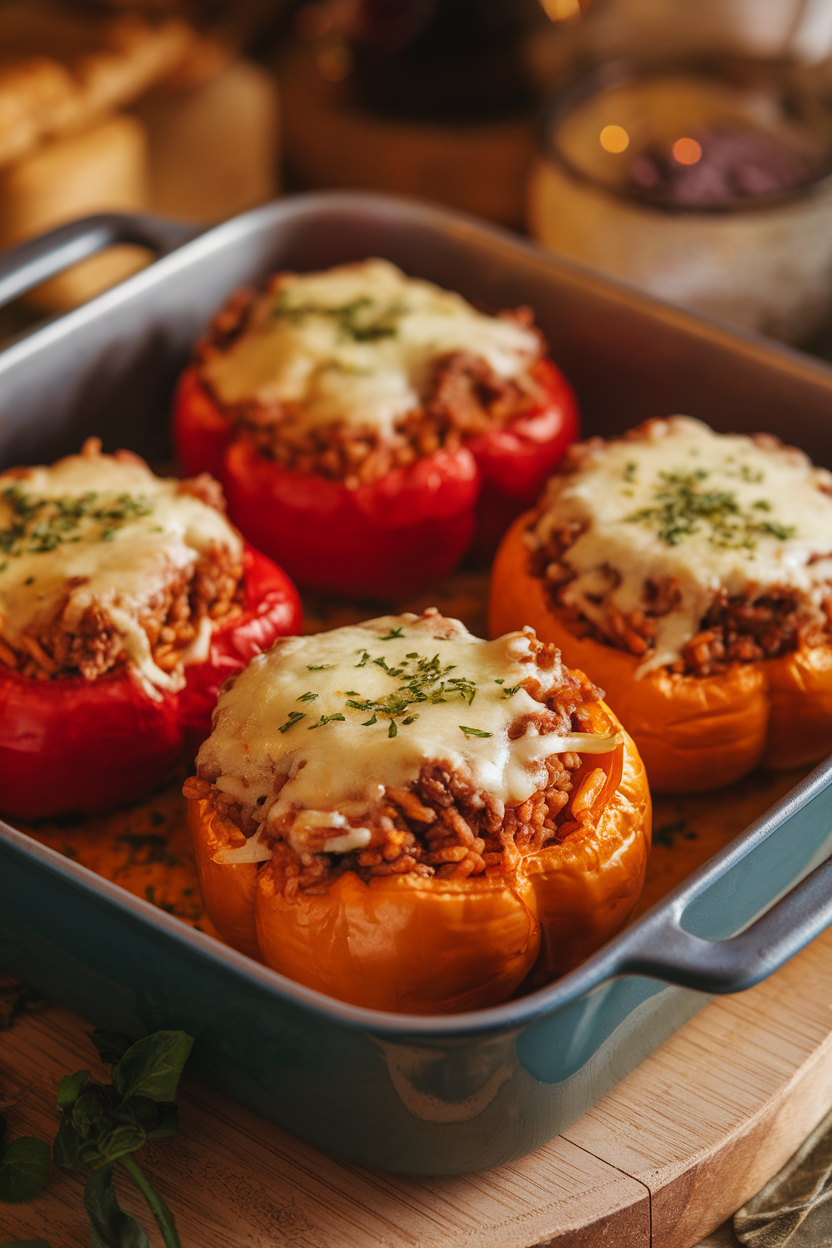 Indoor close-up of cooked bell peppers filled with rice and beef, topped with melted cheese, sitting in a baking dish. Warm lighting; no logos or text. Photo, not illustration.