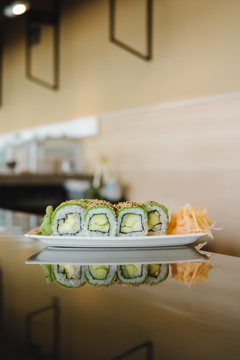 Photo — an indoor lunchroom counter featuring sliced avocado-cucumber sushi rolls on a small plate, each piece garnished with sesame seeds. Soft diffused lighting; no text or logos.