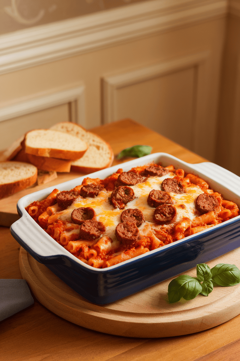 Photo of an indoor dining room table featuring a ceramic dish of baked ziti studded with sliced Italian sausage, cheese browned on top. No text or logos present.