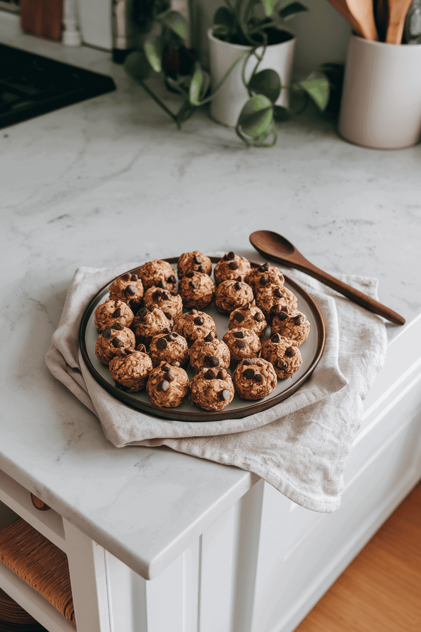 Indoor kitchen island with a plate of round oat-based energy bites studded with chocolate chips and sunflower seed butter. Soft overhead light, no text or logos, photo only.