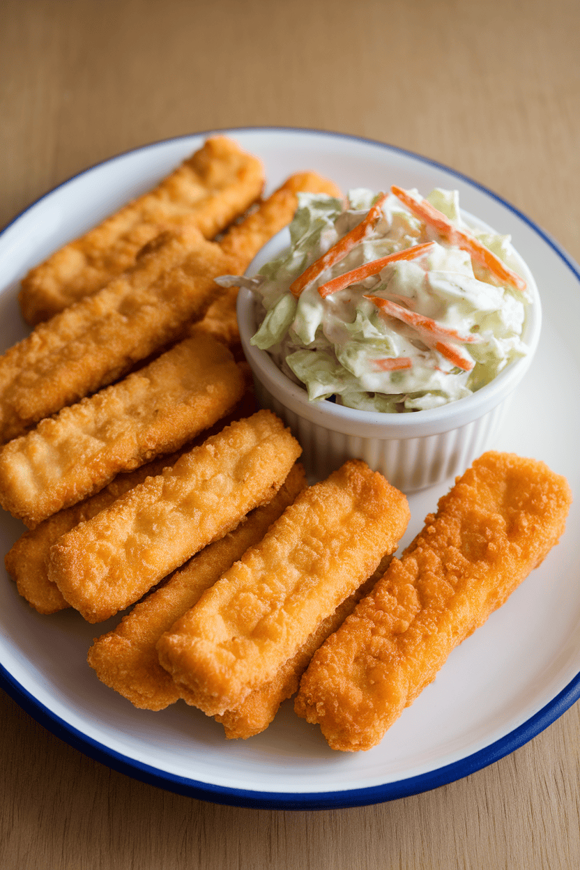 Indoor photo of crunchy golden fish sticks arranged beside a small bowl of creamy coleslaw on a white platter, no text or logos