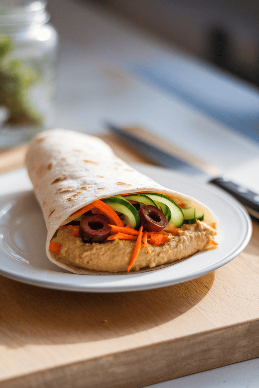 Indoor tabletop photo of a tortilla wrap cut in half to reveal layers of hummus, cucumber ribbons, shredded carrots, and olives. Soft daylight, minimal props, no logos.