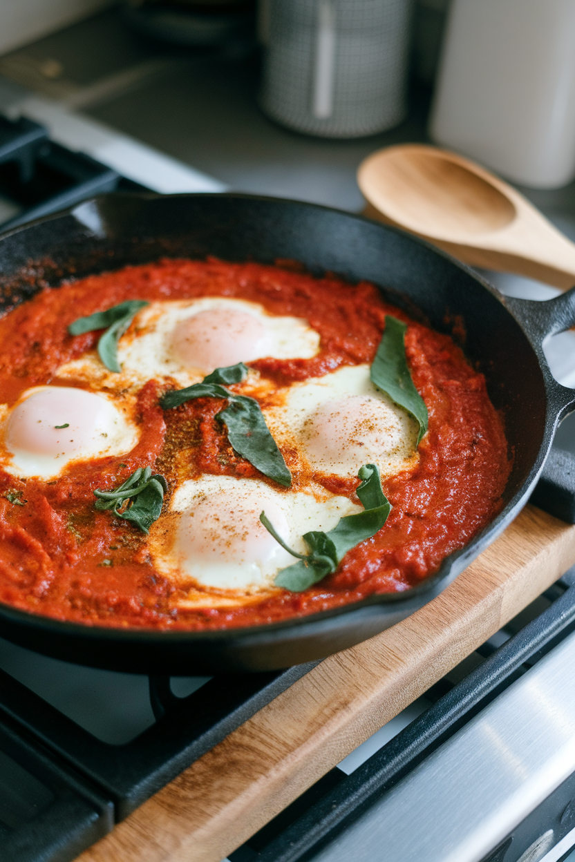 An indoor stovetop image showing a cast-iron skillet of cooked shakshuka—eggs poached in red tomato sauce—with parsley sprinkled on top. No text or logos included.