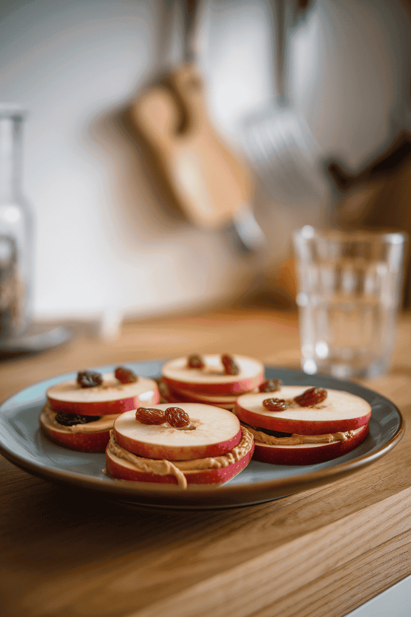 An indoor plate featuring round apple slices sandwiched with almond butter and dotted with raisins. No text or logos present.