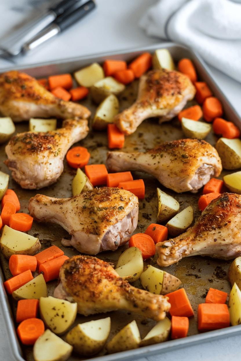 Indoor photo of a sheet pan containing roasted chicken drumsticks surrounded by diced potatoes and carrots, all seasoned and golden. No logos visible.