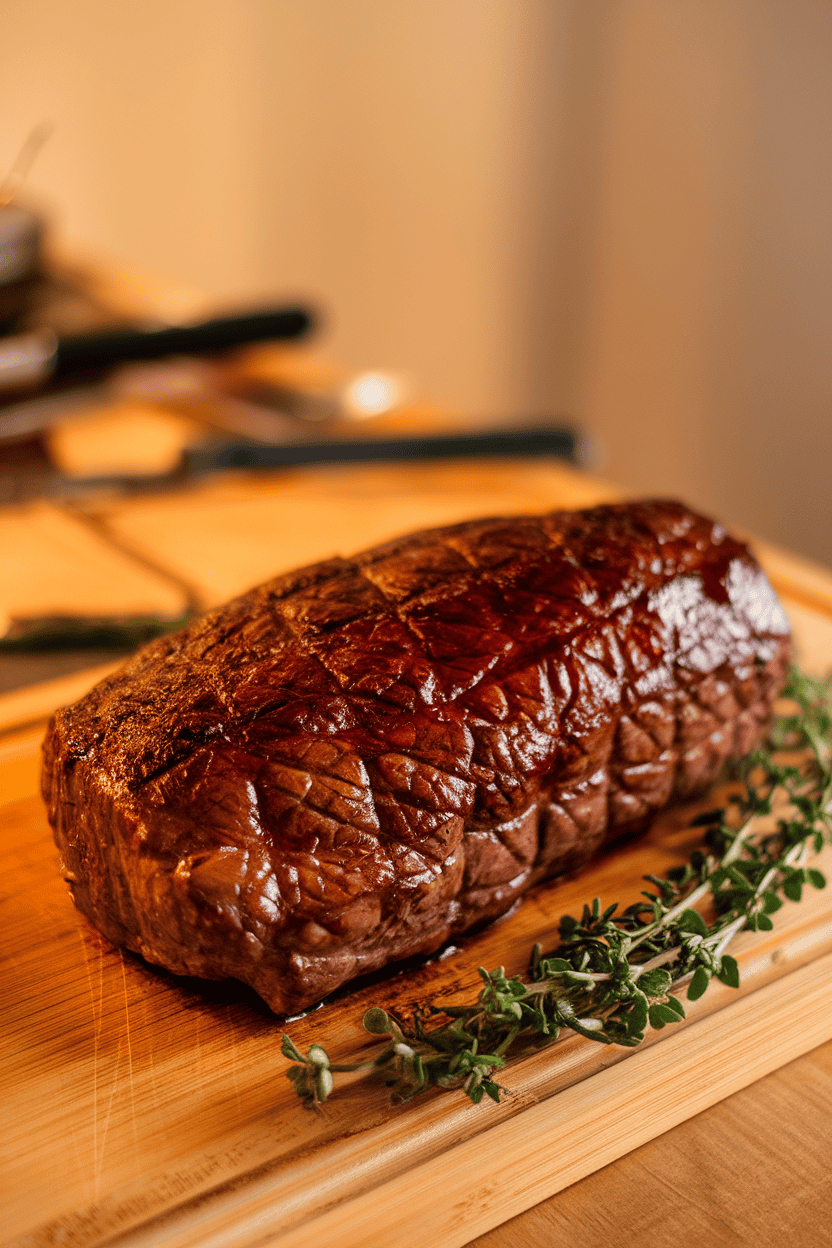 Indoor carving board showing a whole grilled beef tenderloin with a glossy red wine glaze, herb sprigs scattered around. Photo only, no text or logos.