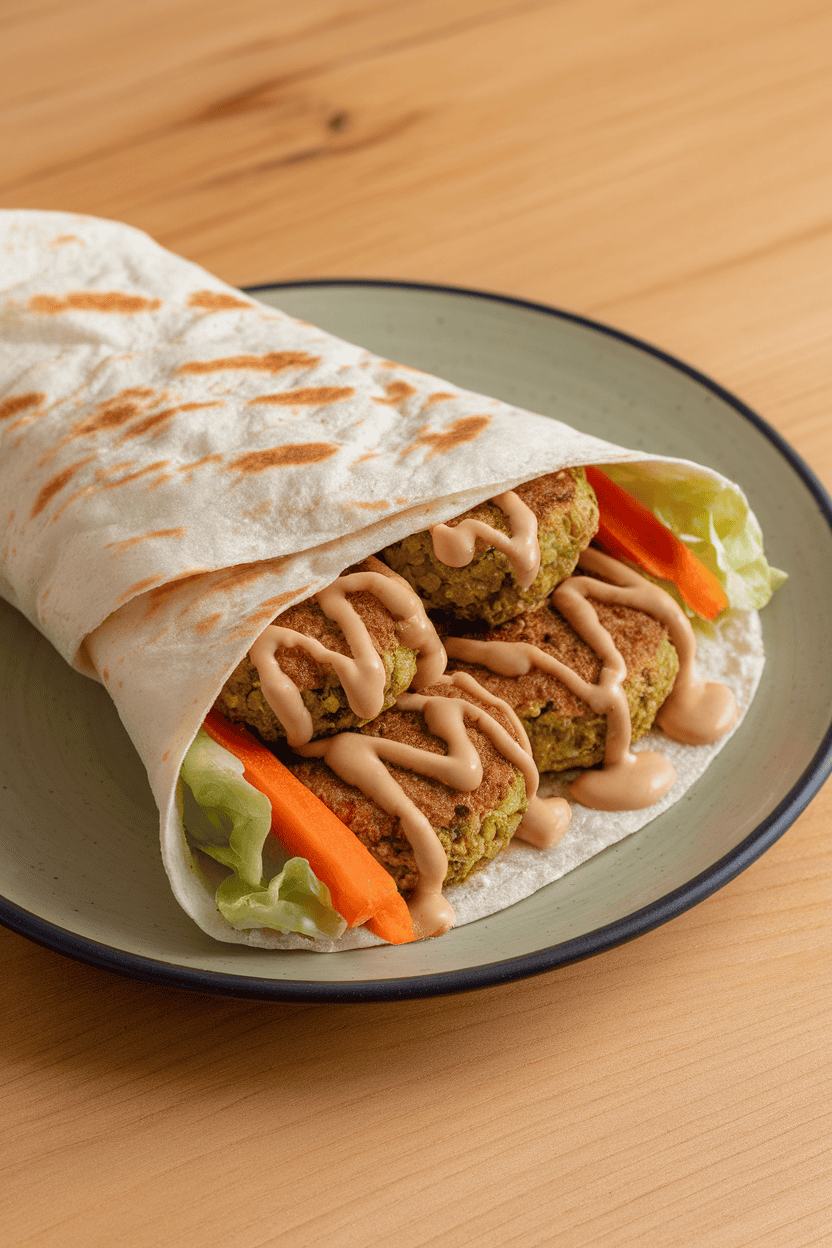 Indoor photo of a soft lavash wrap containing falafel patties, pickled carrots, and tahini drizzle. Clean background, no text or logos.