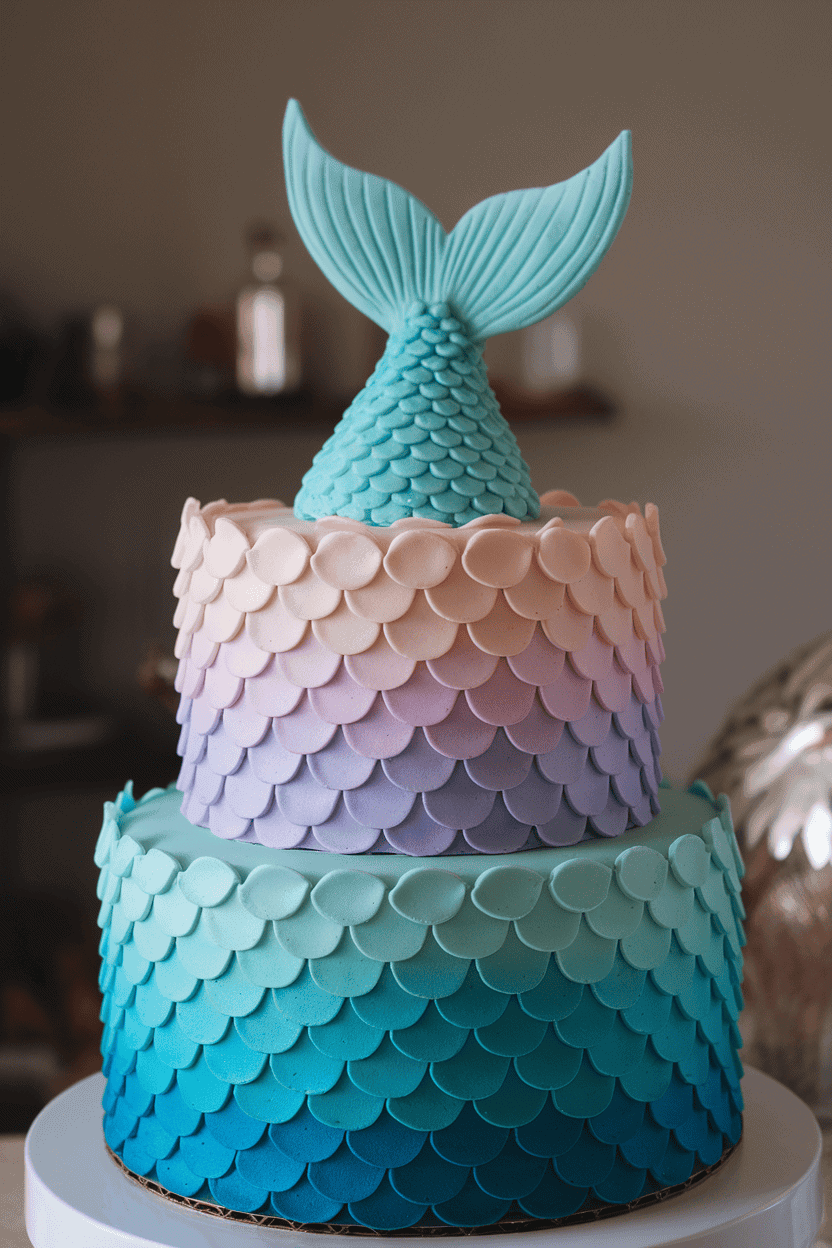 Indoor photo of a two-tier cake covered in overlapping fondant scales that shift from lavender to teal, crowned with a sculpted mermaid tail fin; no text or logos.