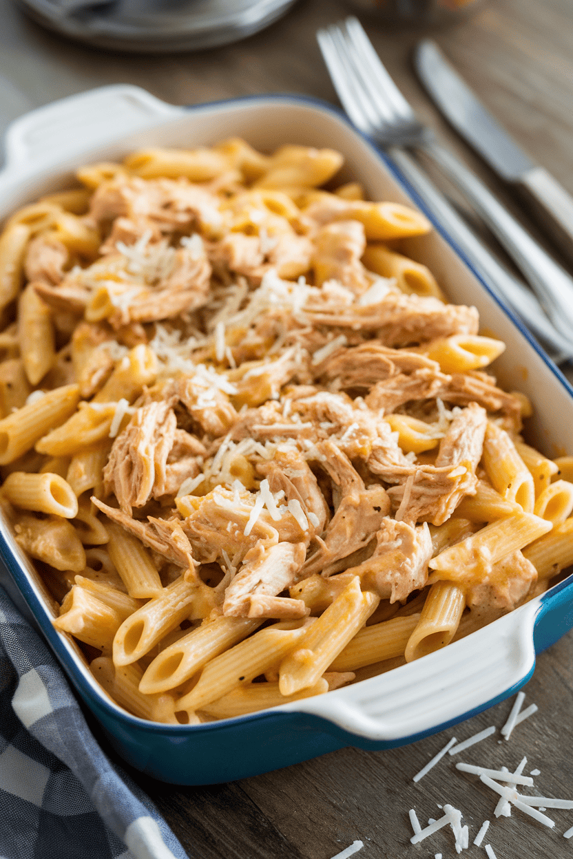Photo of an indoor table showing a casserole of penne coated in creamy Alfredo, shredded chicken, and Parmesan sprinkled on top. No text or logos visible.