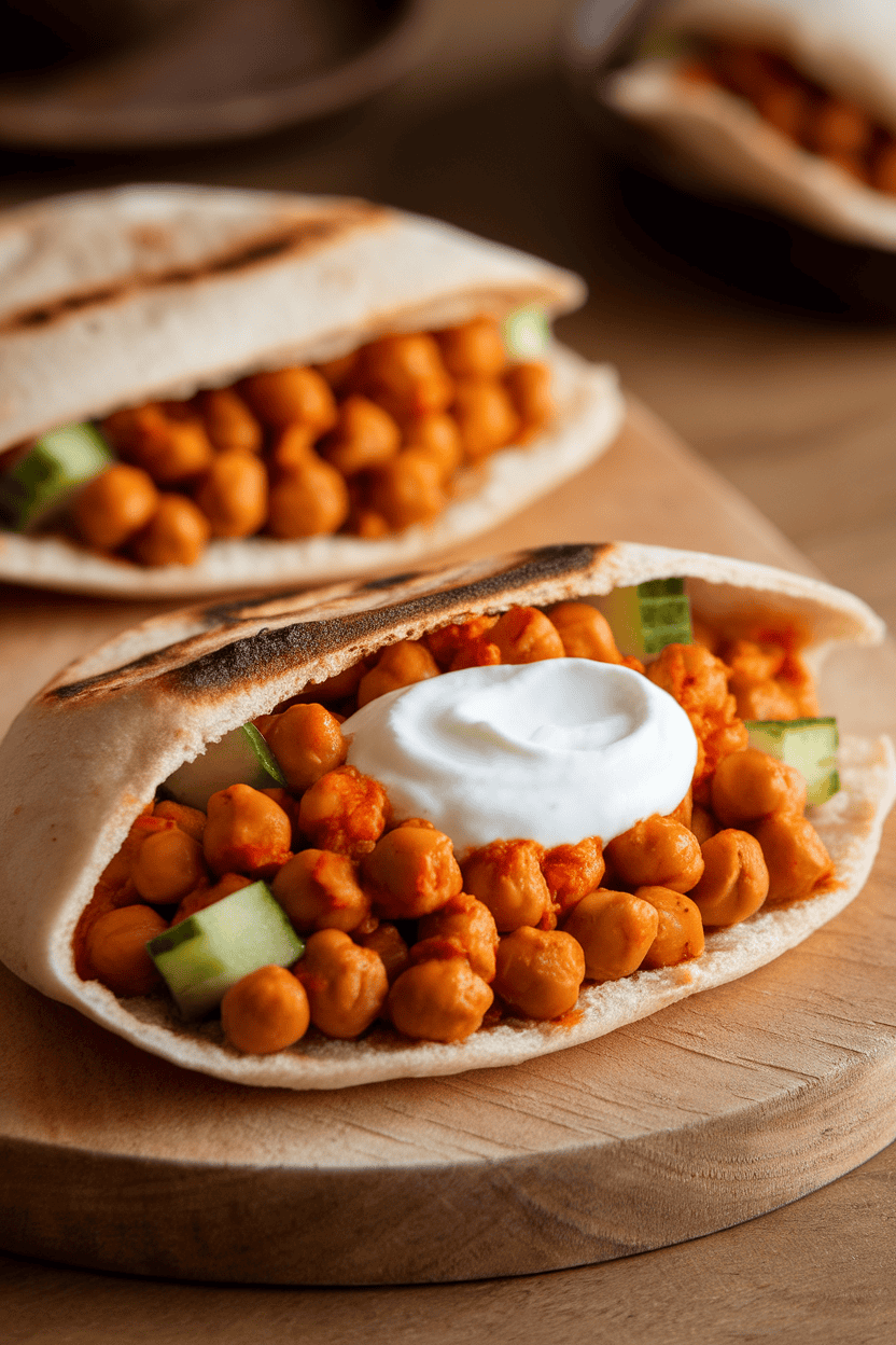 Indoor shot of an opened pita pocket filled with harissa-coated chickpeas, cucumber chunks, and a dollop of yogurt. No branding, natural light.