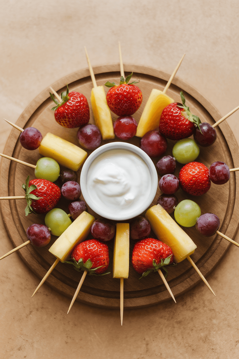 Indoor shot of multicolored fruit skewers—strawberries, pineapple, grapes—laid beside a small ramekin of vanilla yogurt on a wooden board. No text or logos present.