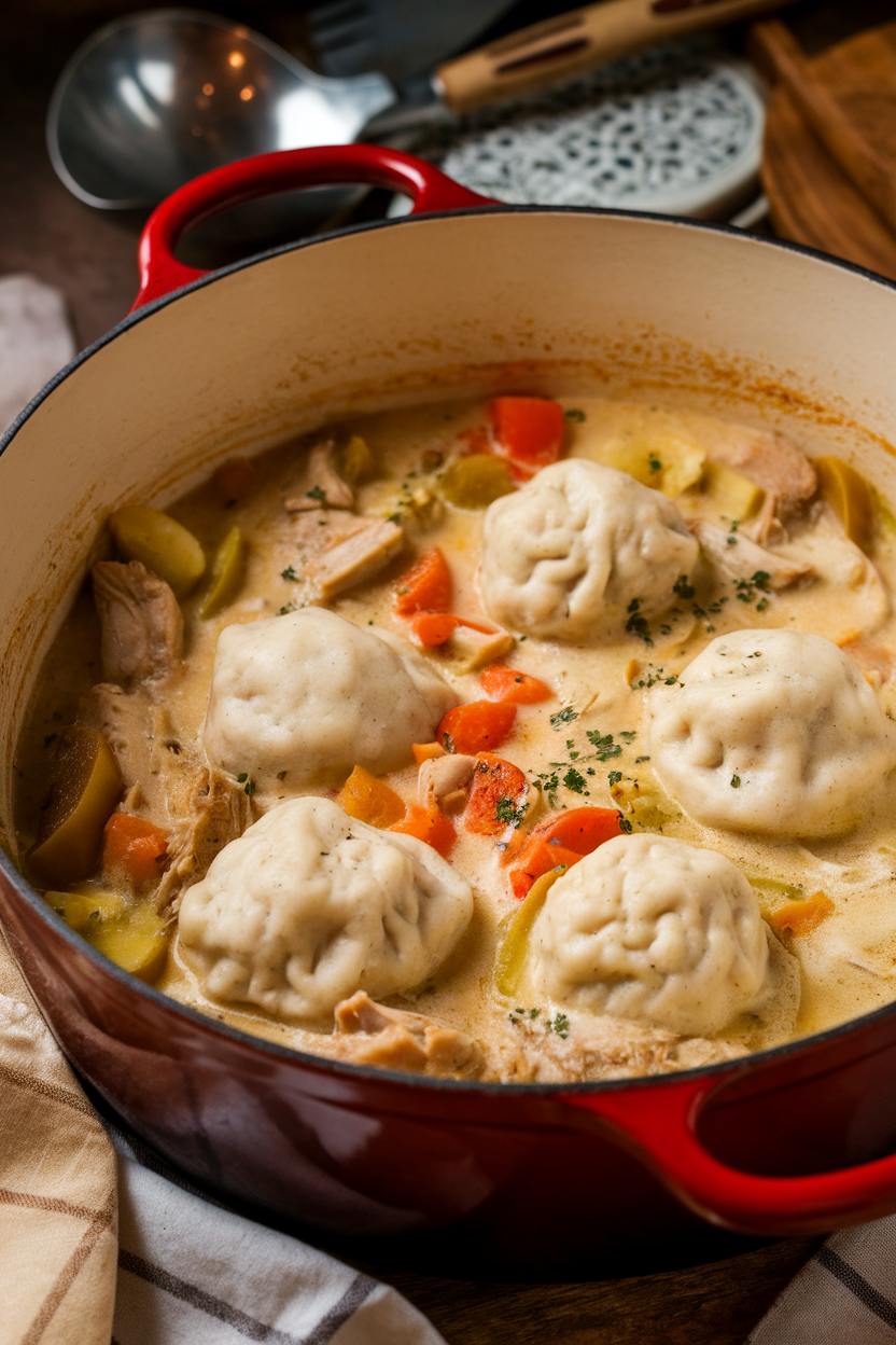 Cozy indoor photo showing fluffy dumplings floating on creamy chicken stew inside a Dutch oven; a ladle rests nearby. No text or logos present.