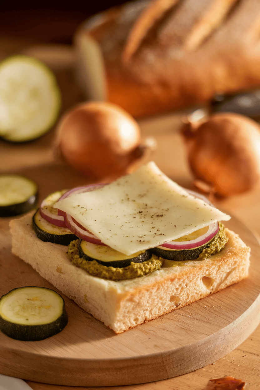 Indoor photo of a square of focaccia topped with roasted zucchini, red onion, and a smear of basil pesto, cheese lightly melted. No logos, warm light.