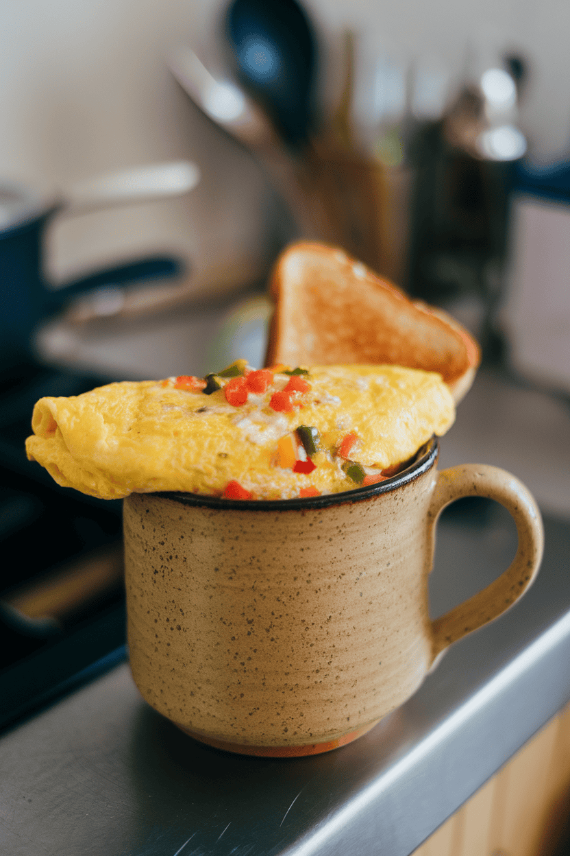 Photo of a ceramic mug holding a fluffy cooked omelet with specks of diced peppers and cheese, photographed on an indoor countertop; no text or logos.