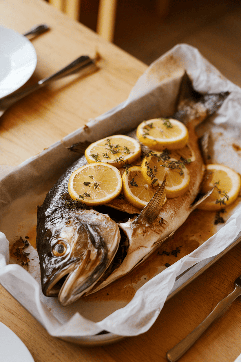 Warm indoor dining table displaying a cooked whole branzino, skin crisp, stuffed with lemon slices and herbs, set on parchment. No text or logos visible.
