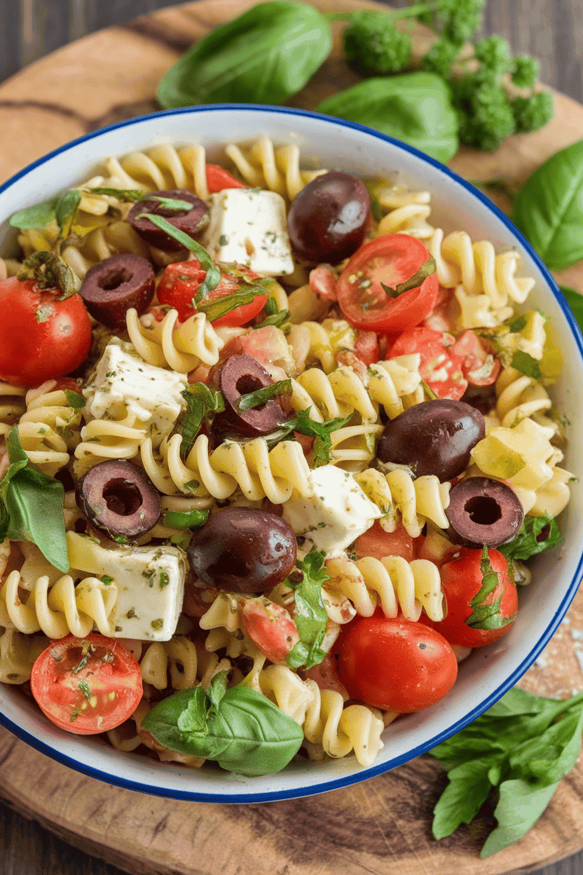 An indoor bowl of colorful pasta salad with rotini, cherry tomatoes, olives, and cubed cheese, lightly glistening with vinaigrette. No branding present.