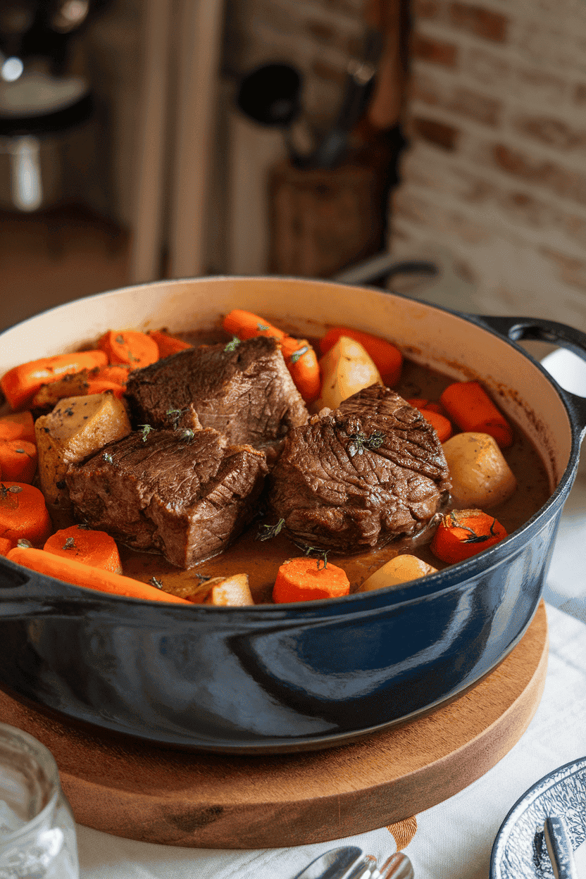 A large Dutch oven on an indoor table filled with tender beef chunks, carrots, and potatoes in rich gravy—photo, no text or logos.