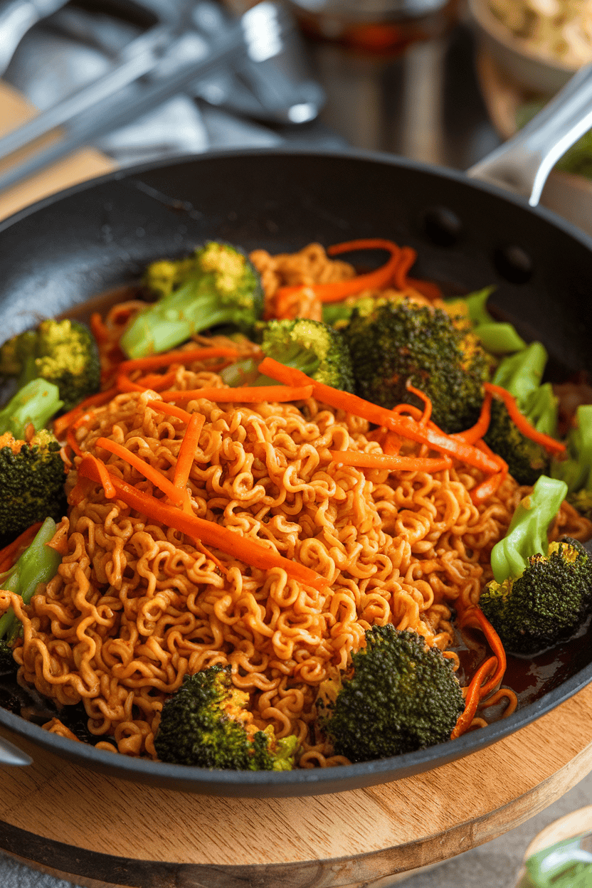 Indoor photo of a skillet holding stir-fried ramen noodles mixed with broccoli florets and carrot ribbons, lightly glazed in sauce. No text or logos.