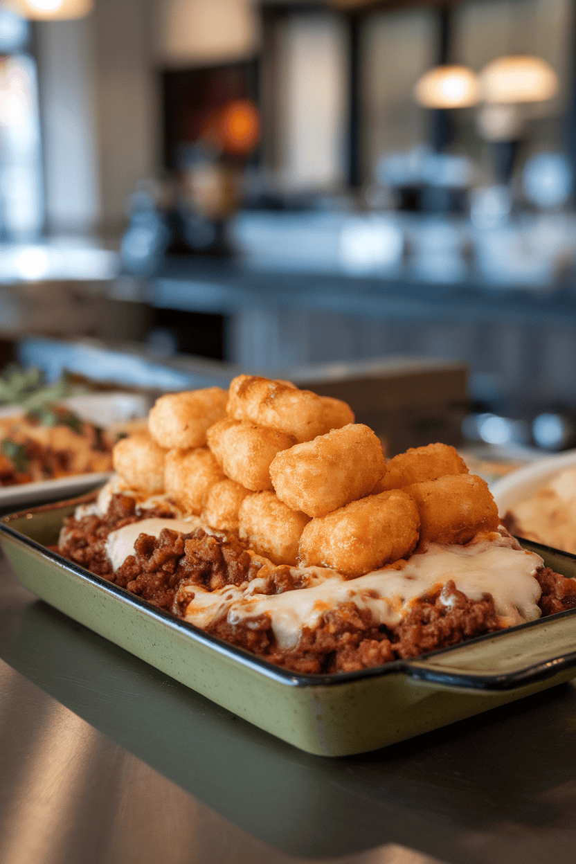 Photo of an indoor counter with a rectangular dish topped by crispy tater tots over saucy sloppy joe filling, cheese melted between layers. No text or logos visible.