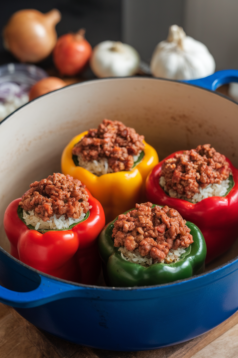 Indoor photo of colorful bell peppers filled with rice and ground meat, tops lightly charred inside a Dutch oven. No text or logos.