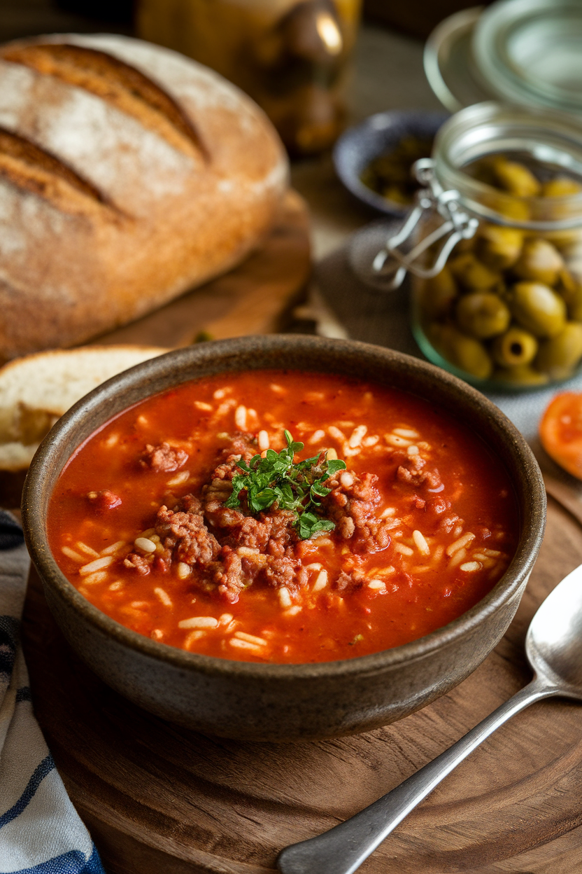 Indoor photo of a rustic bowl of tomato-based cabbage soup with visible ground beef and rice, steam wafting upward. No text or branding. Photo, not illustration.