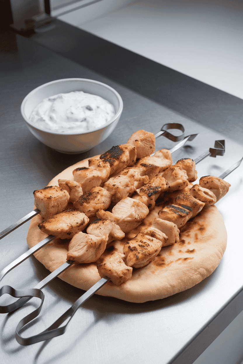 An indoor counter showing skewers of cooked chicken cubes, lightly charred, resting on pita alongside tzatziki. No logos or text visible.